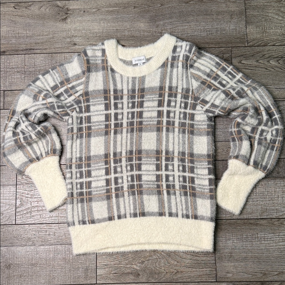 Evereve Cream and Gray Plaid Crewneck Sweater